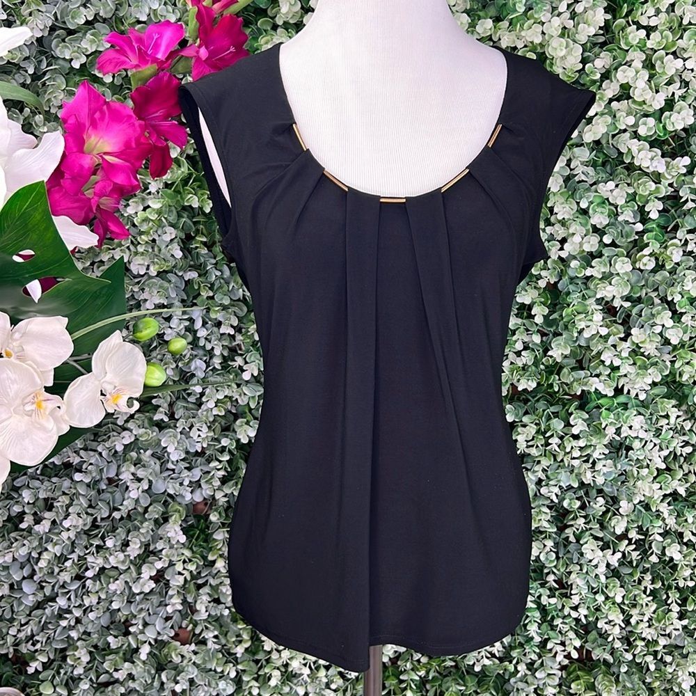 White House Black Market Black Sleeveless Scoop Neck Gold Trim Blouse